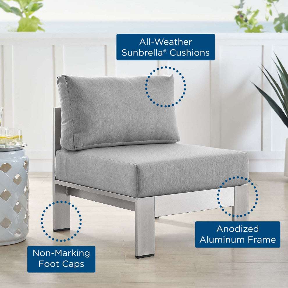 Sofa Middle Chair, Sunbrella, Fabric, Aluminum, Metal, Silver Gray, Outdoor