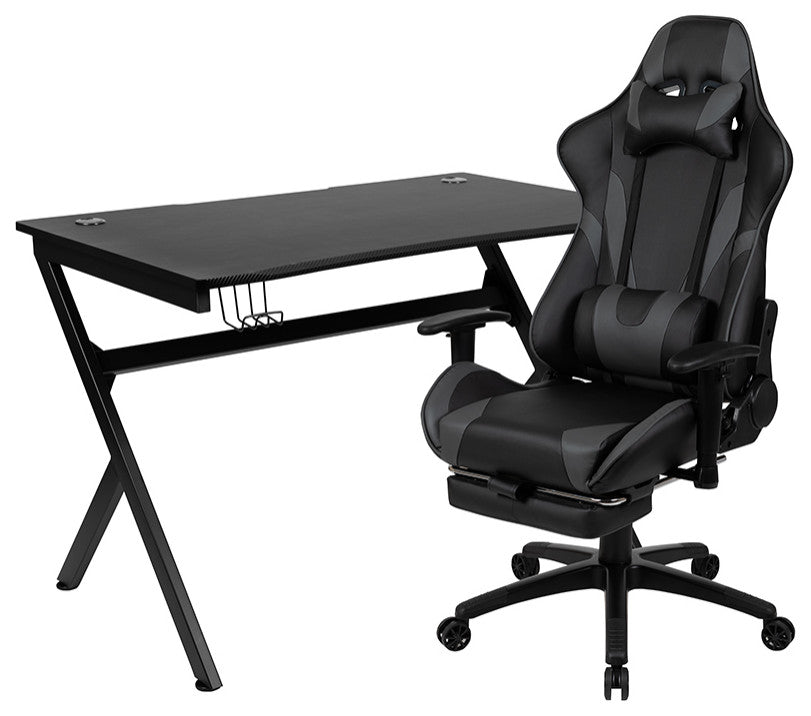 Black Gaming Desk & Footrest Reclining Chair Set, Gray