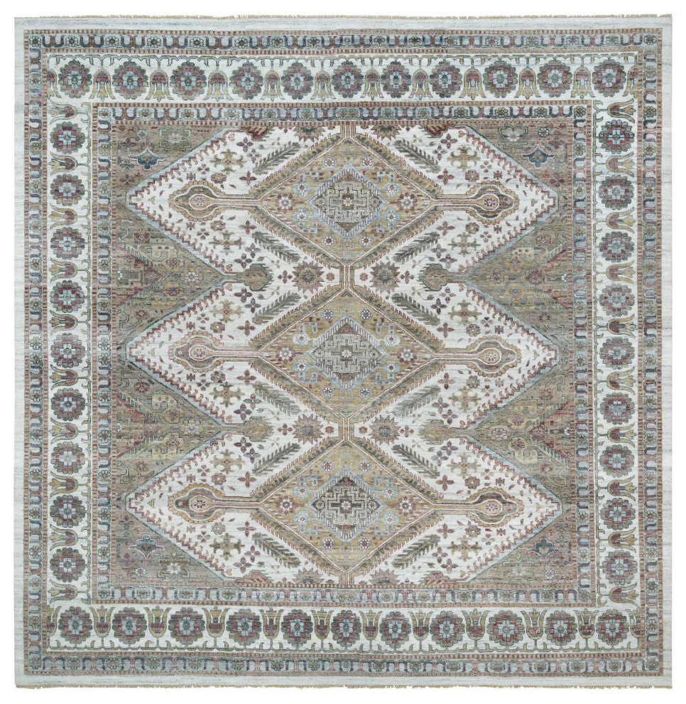 Smoky White Hand Knotted Unique Flower Rosettes Border Square Rug 13'11"x13'11"
