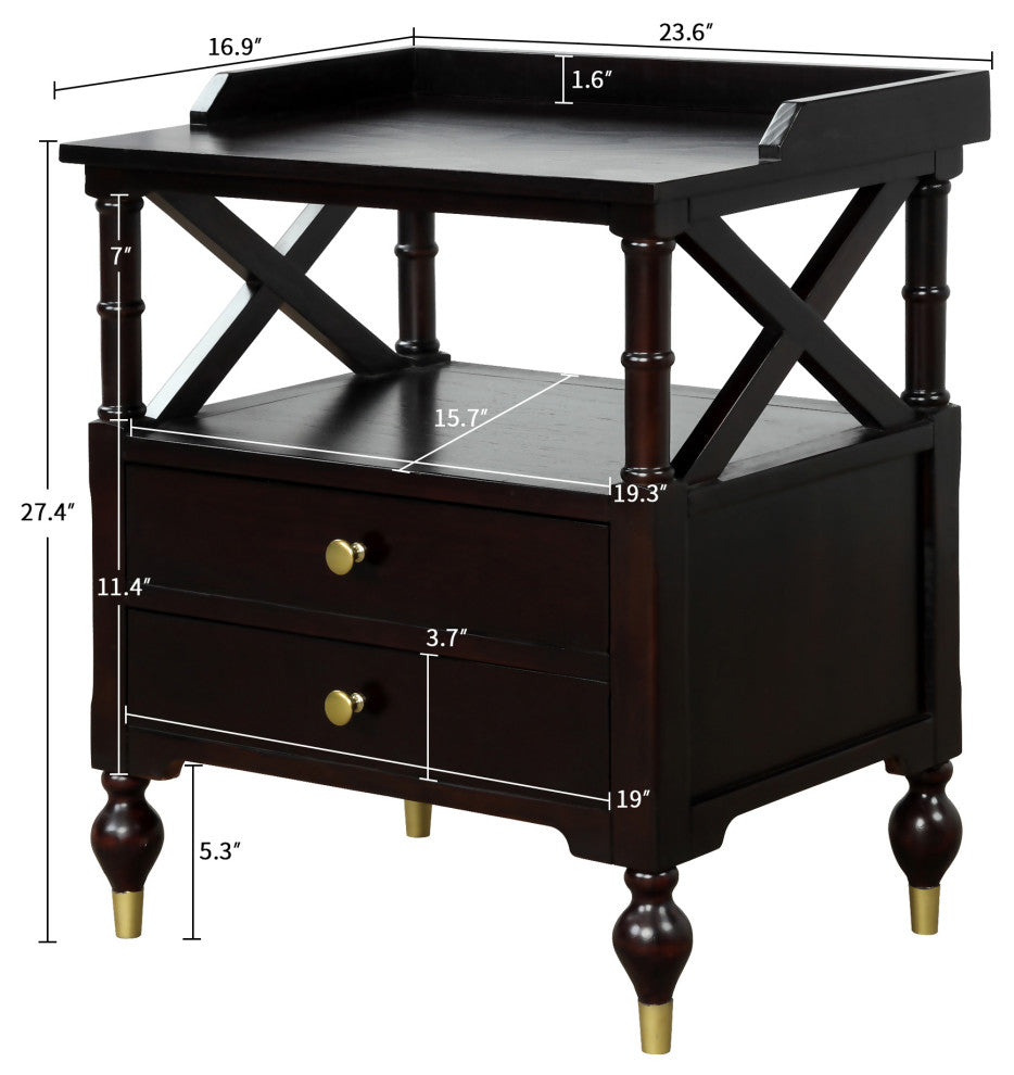 2-Drawer Solid Wood Nightstand with Open Shelf, Espresso, 27" Tall