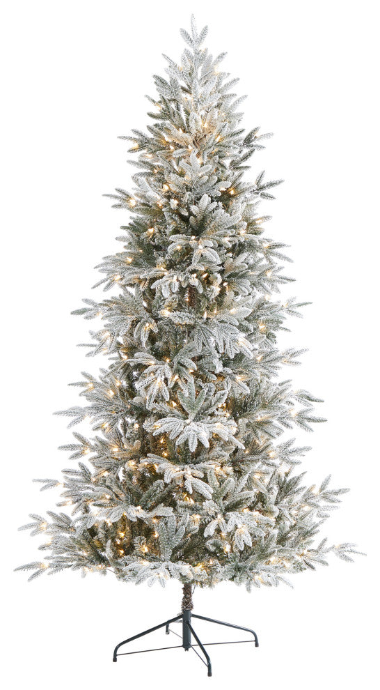 7.5' Flocked Manchester Spruce Faux Xmas Tree W/450 Lights & Bendable Branches