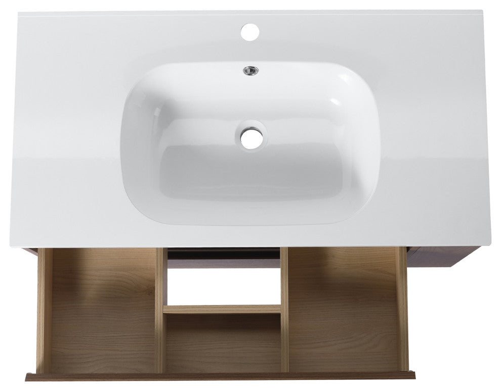 36" Plywood Wall Mounting Bath Vanity Set, Brown Oak, Gel Sink