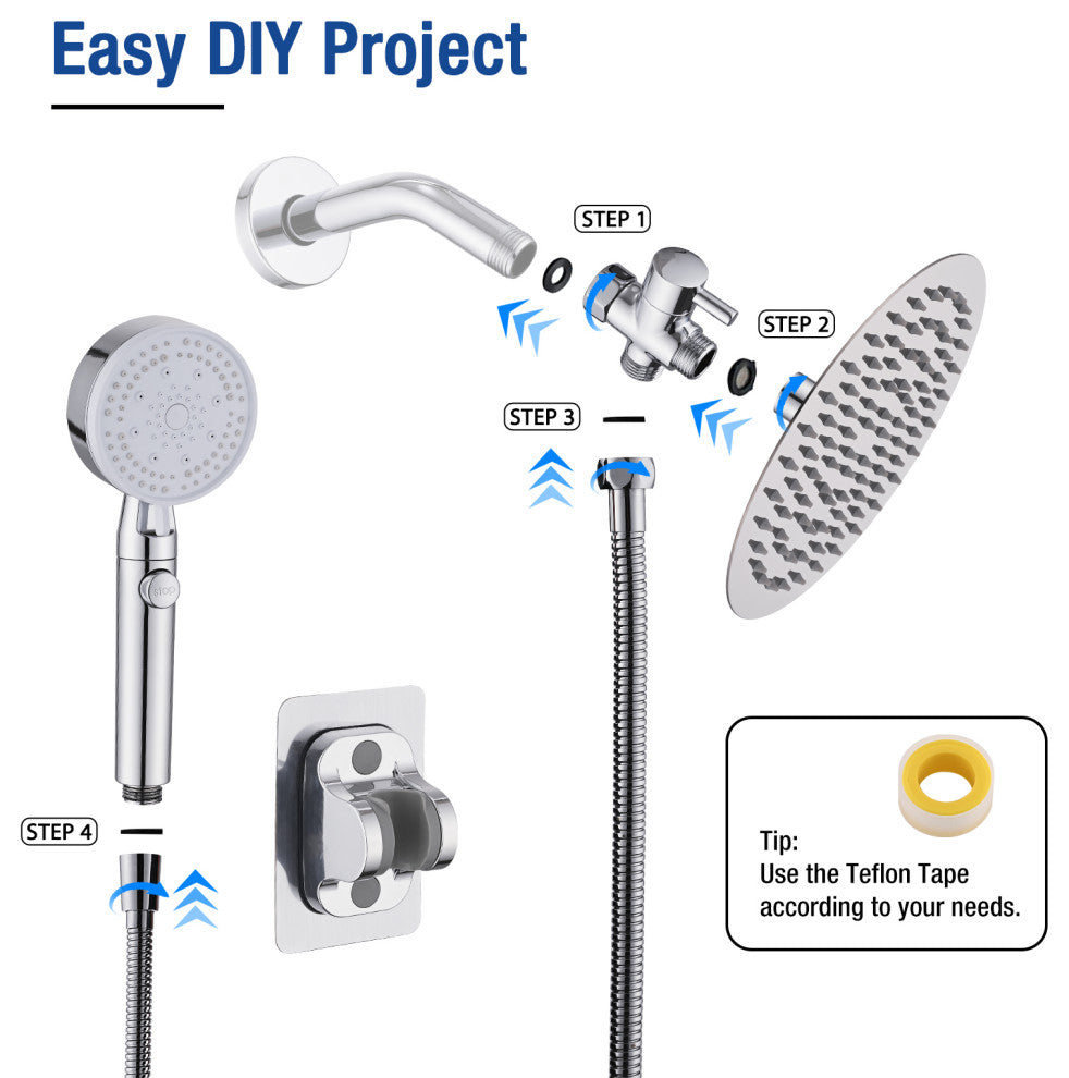 Hand shower set, high pressure round 8'' rain shower, Chrome