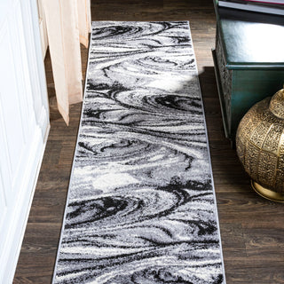 Viscon Abstract Marble Contemporary Light Gray/Black 2 ft. x 8 ft. Runner Rug