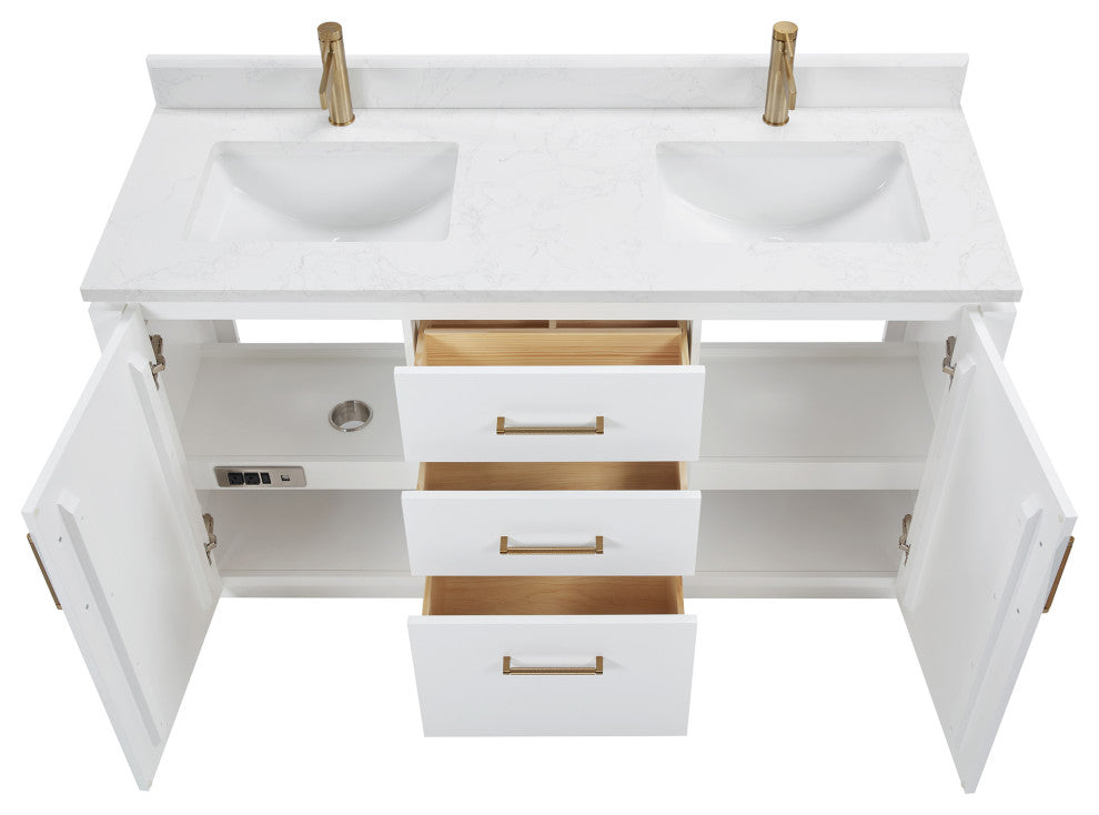 San Bath Vanity with Stone Top, White, 60" Double Sink, Double Vanity, No Mirror