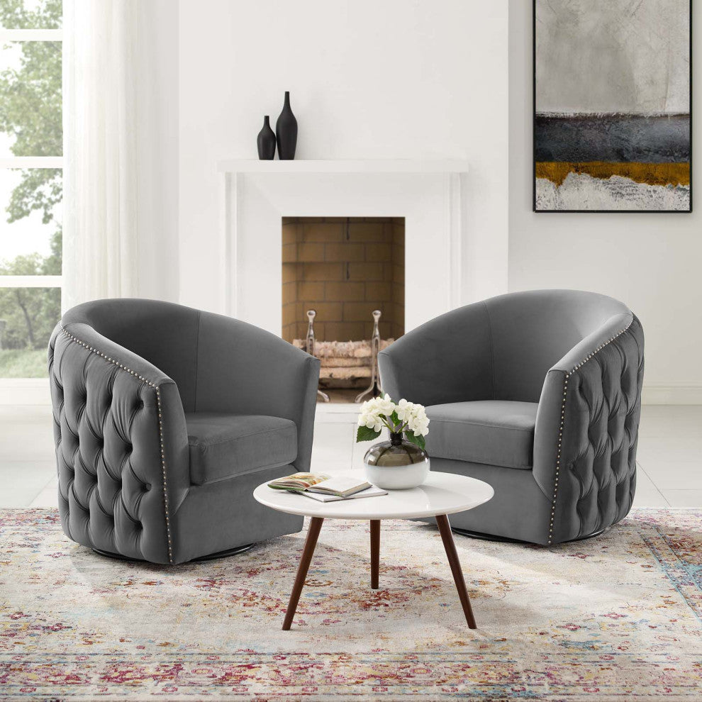 Armchair Accent Chair, Set of 2, Velvet, Gray, Modern, Lounge Hospitality