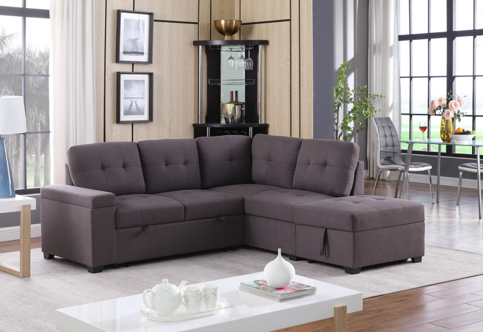 Katie Brown Linen Sleeper Sectional Sofa With Storage Ottoman, Storage Arm