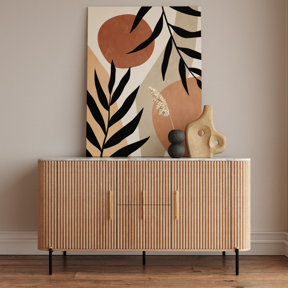 Tulum White Marble Top Buffet, Mango Wood Dining Cabinet, Oval Sideboard Table