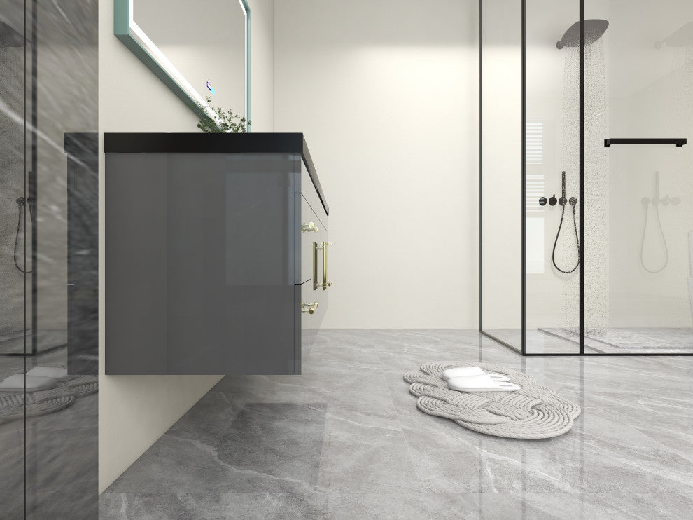 Rosa 60" Wall Mounted Modern Vanity, High Gloss Gray, Matt Black Top