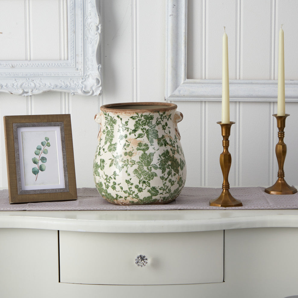 10 in. Tuscan Ceramic Green Scroll Planter