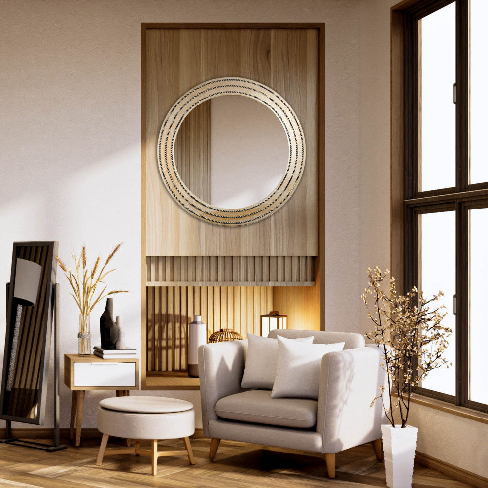 Rustic Neutral Wood Framed Round Wall Mirror With Inlaid Rope