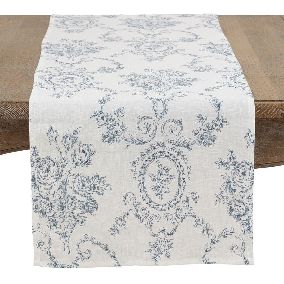 Floral Design Toile Runner, Indigo, 16"x120"