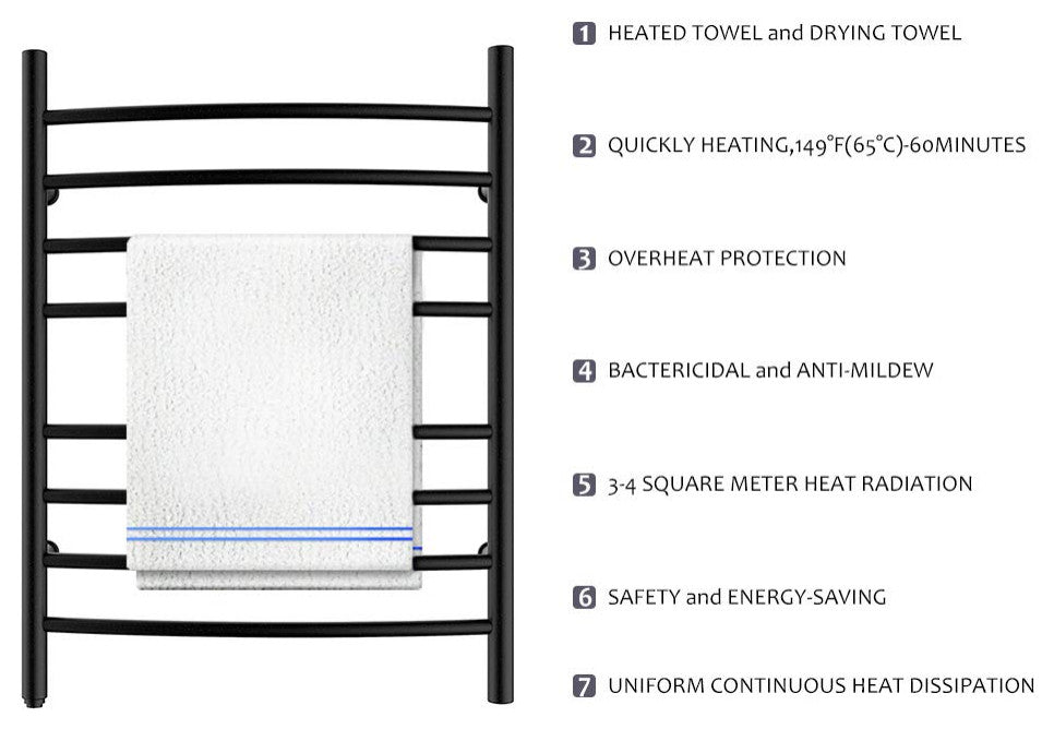 Heatgene Wall Mounted 8 Bar Plug-in Curved Towel Warmer Towel Rack, Matt Black