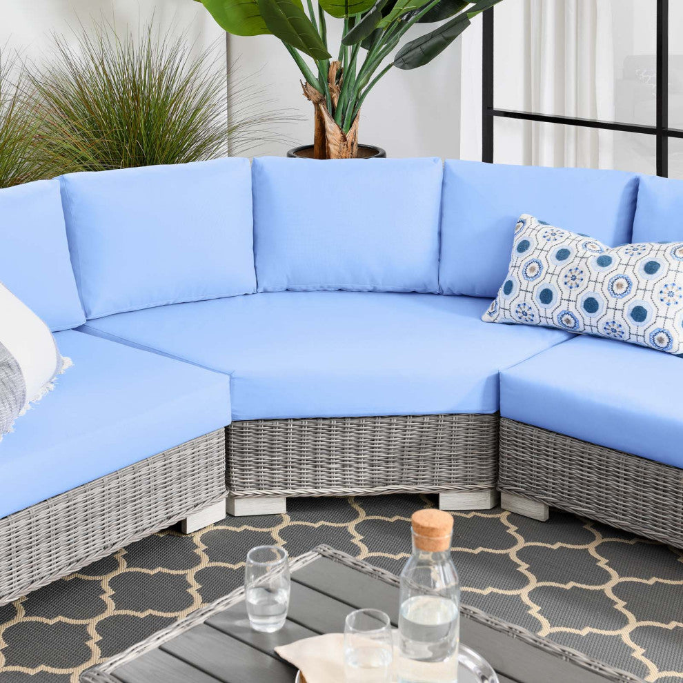Lounge Sectional Sofa Chair Table Set, Rattan, Wicker, Gray Blue, Outdoor