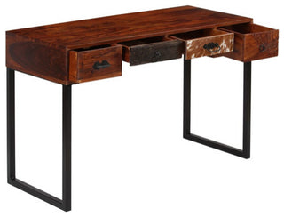 vidaXL Desk Home Office Computer Desk Solid Sheesham Wood and Real Leather