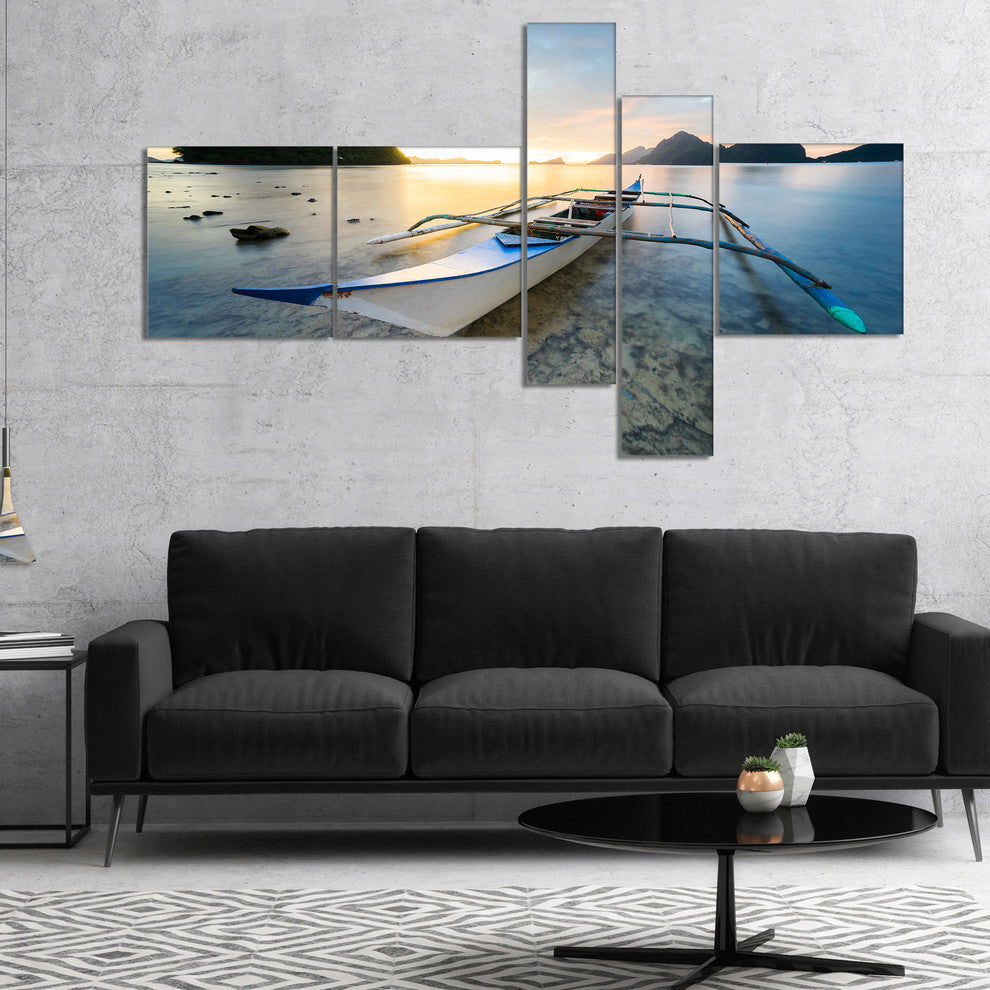 Boat Docked at Beautiful Sunset, Seashore Canvas Art Print, 60"x32", 5 panels
