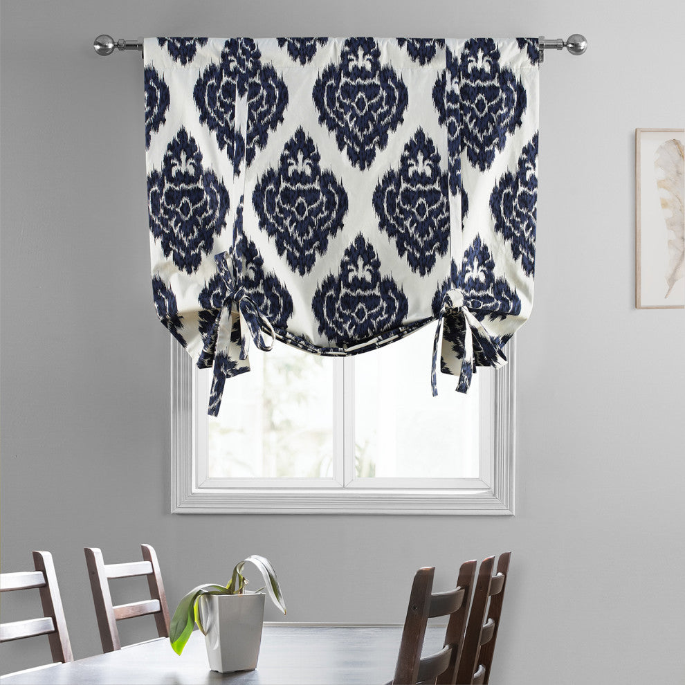 Ikat Blue Printed Cotton Tie-Up Window Shade Single Panel, 42W x 63L