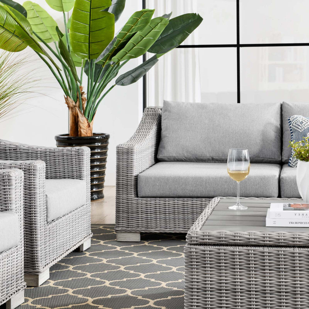 Lounge Sectional Sofa Chair Table Set, Rattan, Wicker, Gray, Outdoor