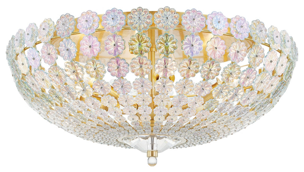 Floral Park 6 Light Flush Mount, Clear Glass, Aged Brass
