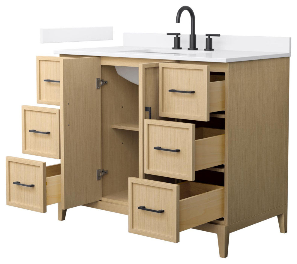 Elan 42" Single Vanity, White Oak, White Quartz Top, 3-Hole, Black Trim