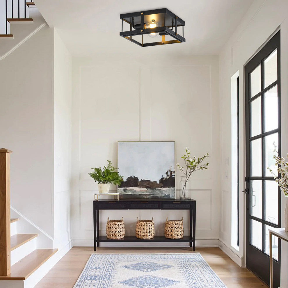Industrial Black 2-Light Rectangle Iron Frame Flush Mount Ceiling Light