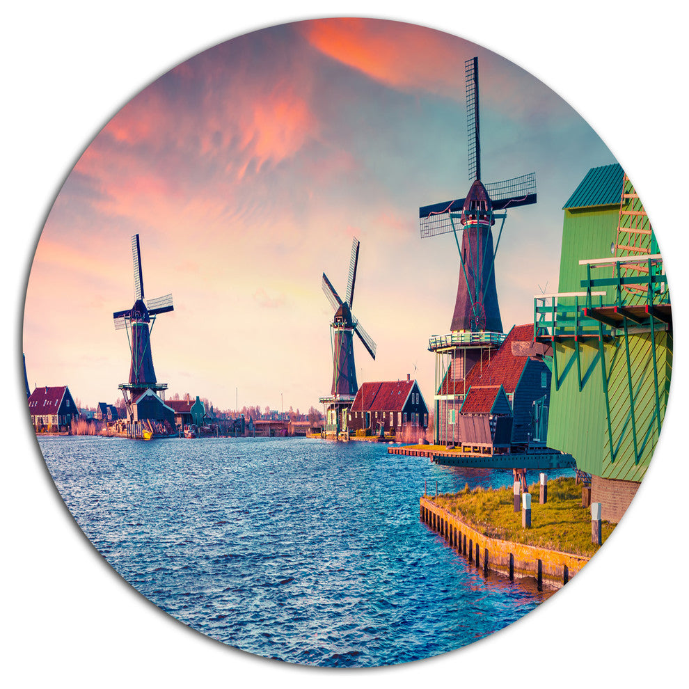 Zaandam Mills On Water Channel, Landscape Art Disc Metal Wall Art, 23"