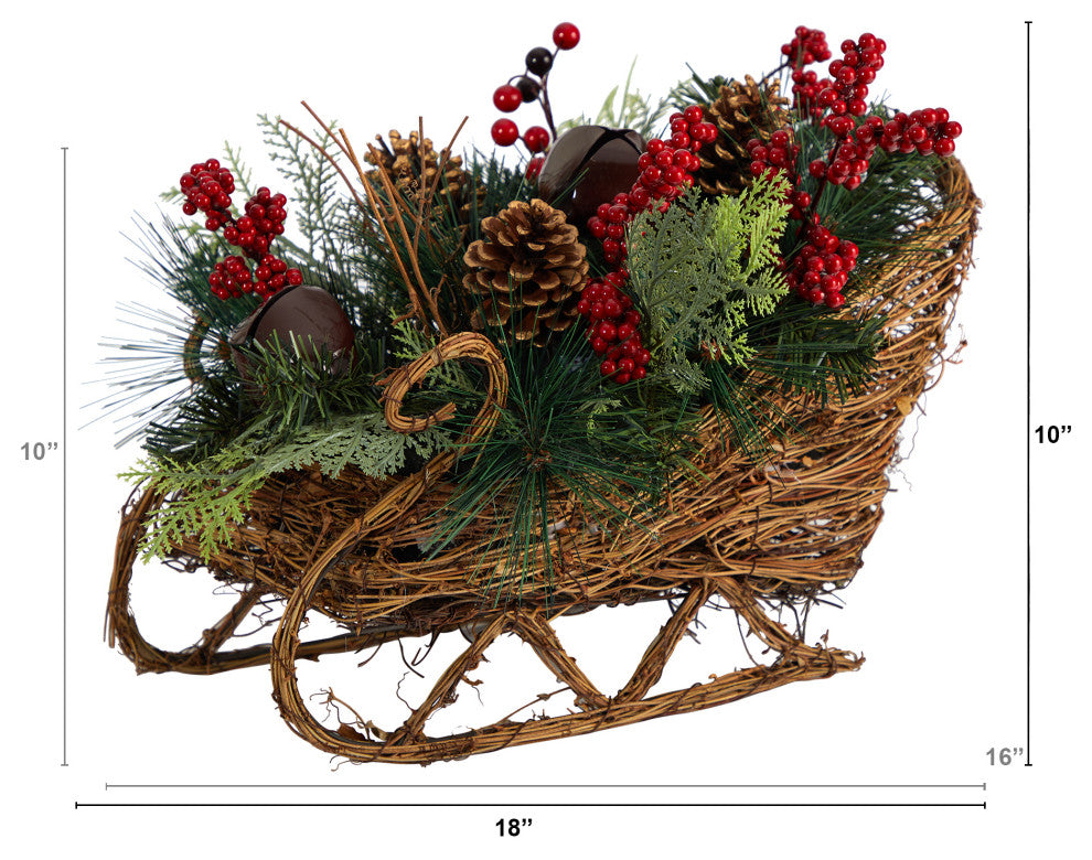 18" Christmas Sleigh With Pinecones & Berries Artificial Christmas Arrangement