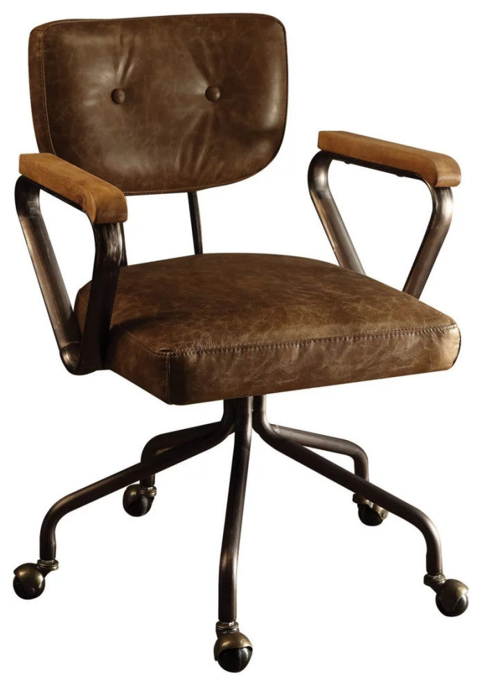 Swivel Office Chair, Metal Frame With Padded Leather Seat & Curved Arms, Whiskey
