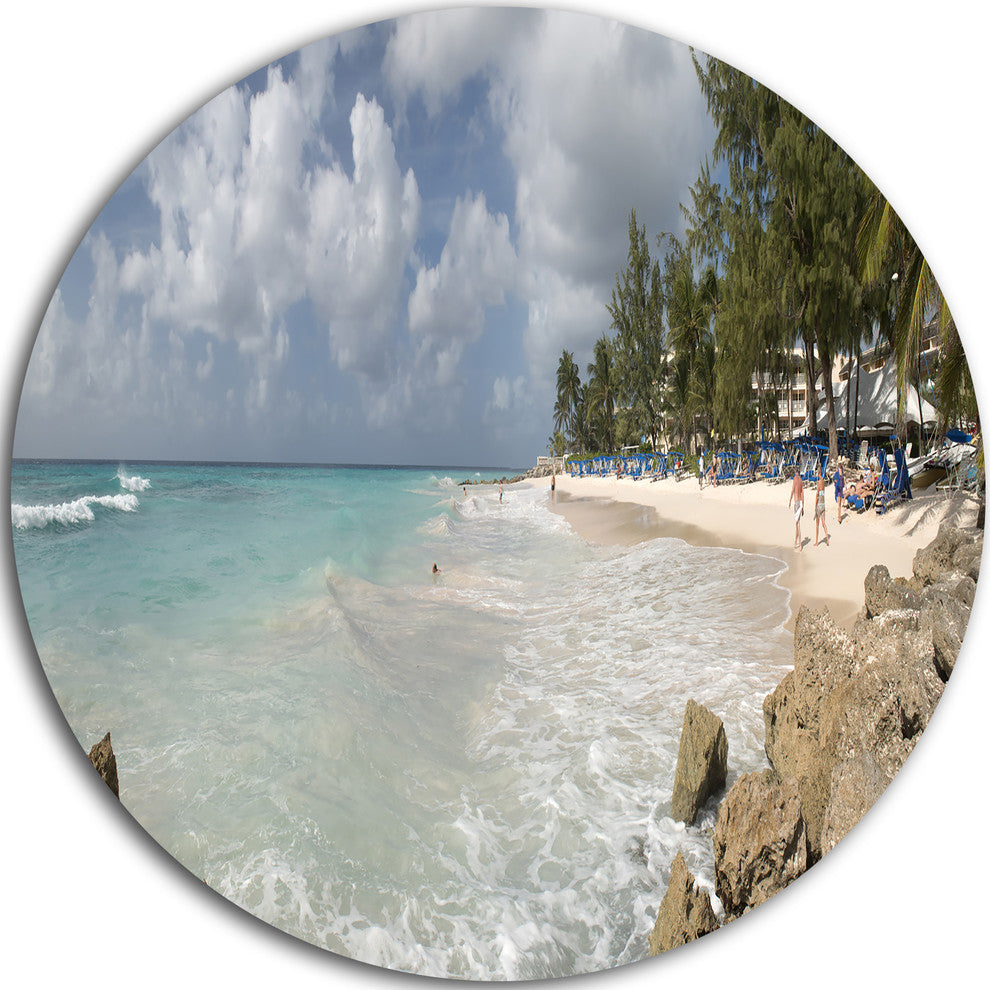 Barbados Island White Seashore, Seascape Round Metal Wall Art, 23"