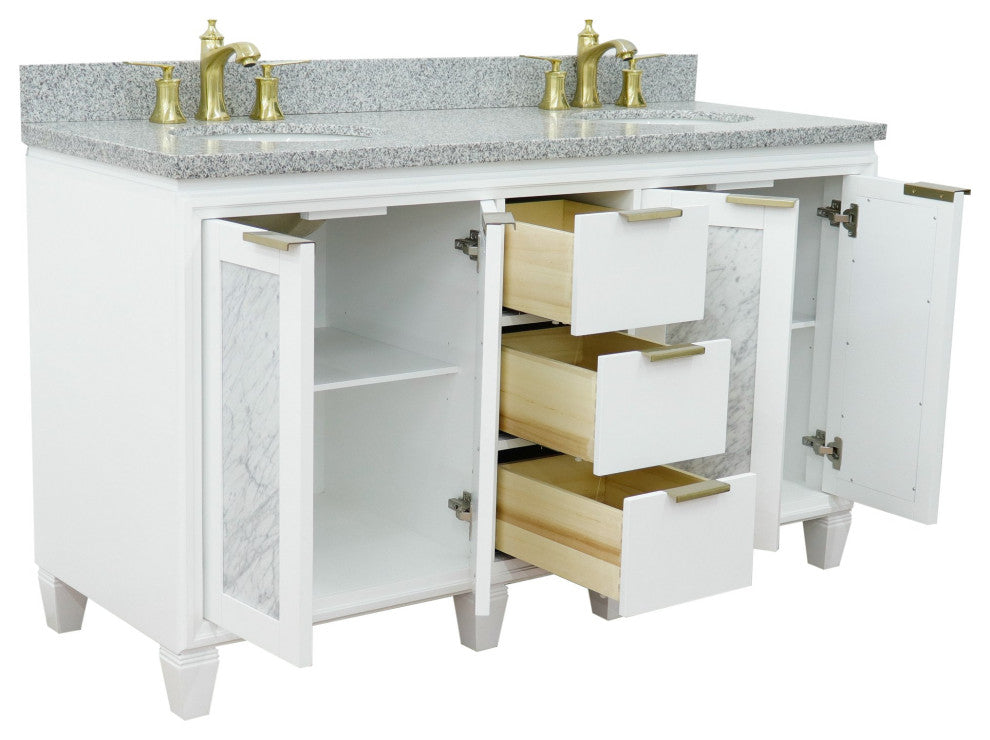 61" Double Sink Vanity, White Finish With Gray Granite And Oval Sink
