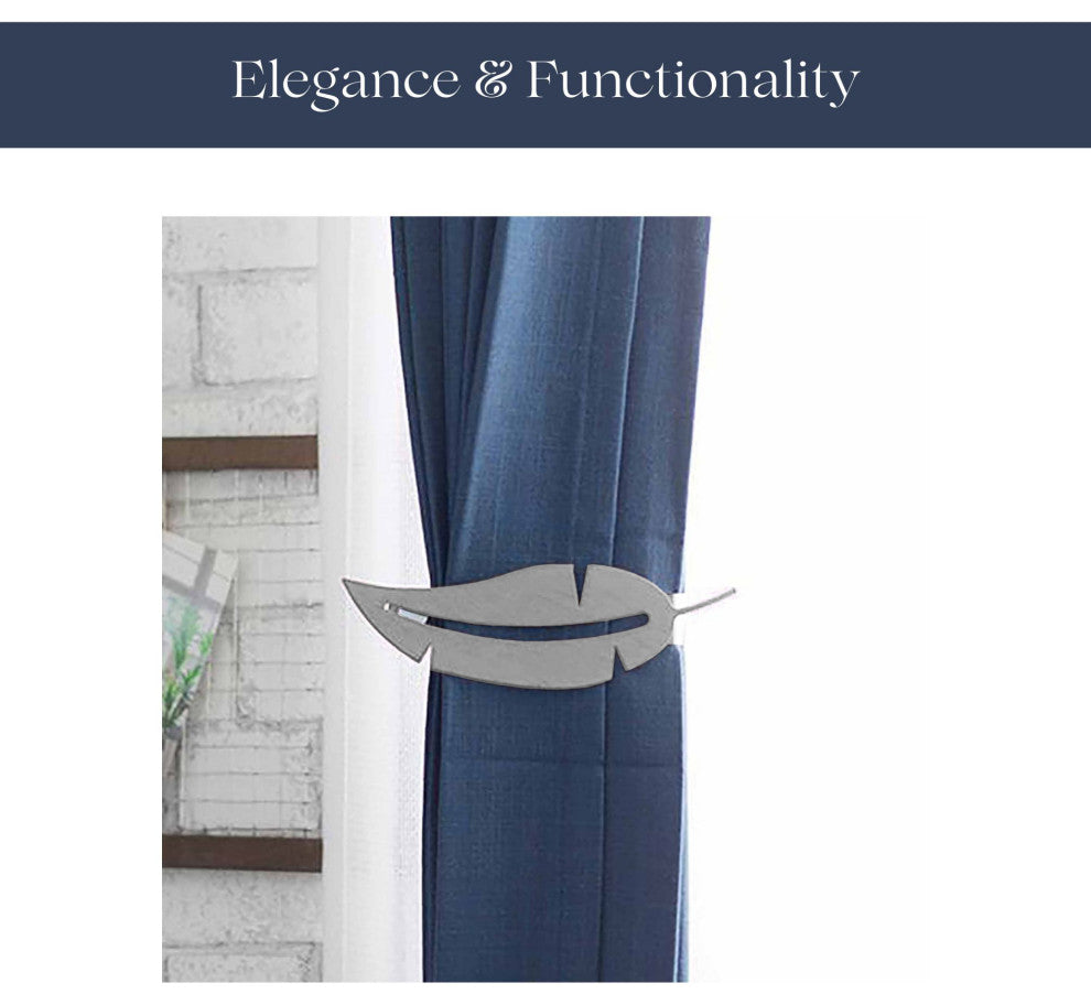 Metal Feather Curtain Tiebacks with Magnetic Closure "“ No Installation Needed, Gray, Pack of 2