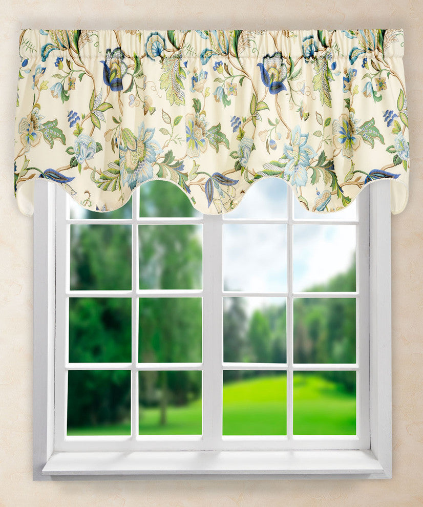 Ellis Curtain Brissac 70"x17" Lined Scallop Valance, Blue, Blue