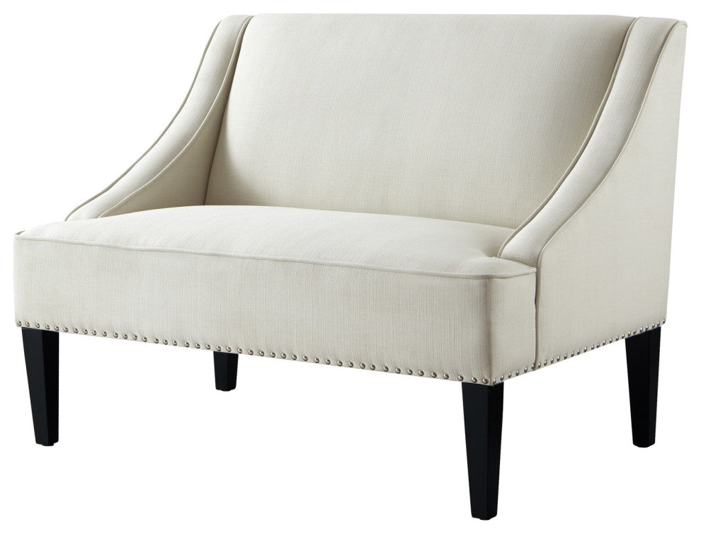 45" Cream And Black Upholstered Linen Bench