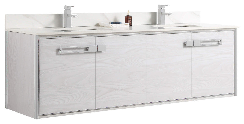 Oakville Wall Mount Bathroom Vanity, Mild Grey Oak, 72", Chrome Hardware