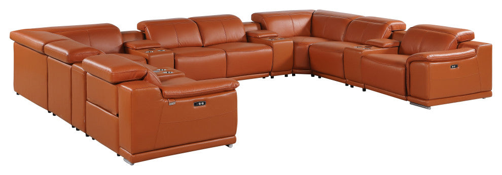 Federico 12-Piece Italian Leather U Sectional, 4 Power Recliners, Camel
