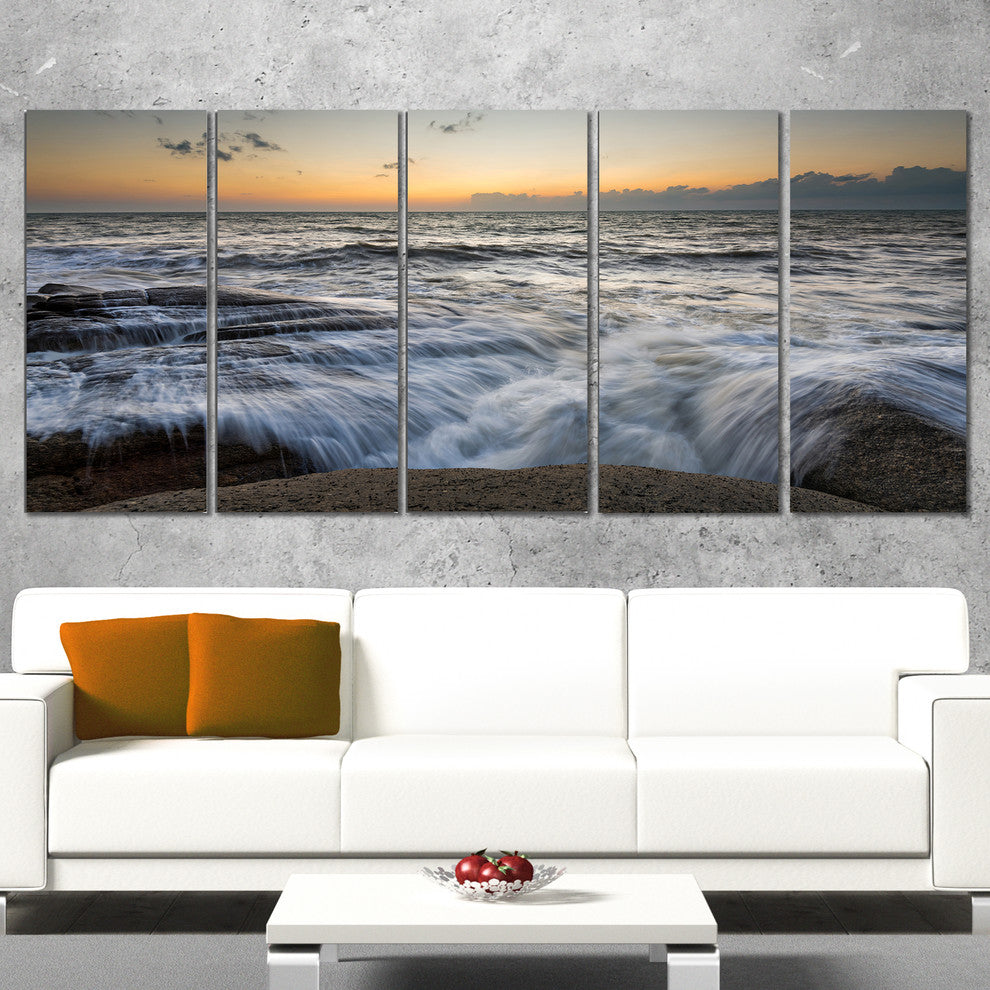 Troubled Sunset Sea Waves, Beach Photo Canvas Print, 60"x28", 5 Panels