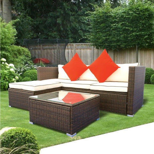3 Piece Pation Wicket Set Outdoor Furniture Rattan Sofa Set With Cream Finish