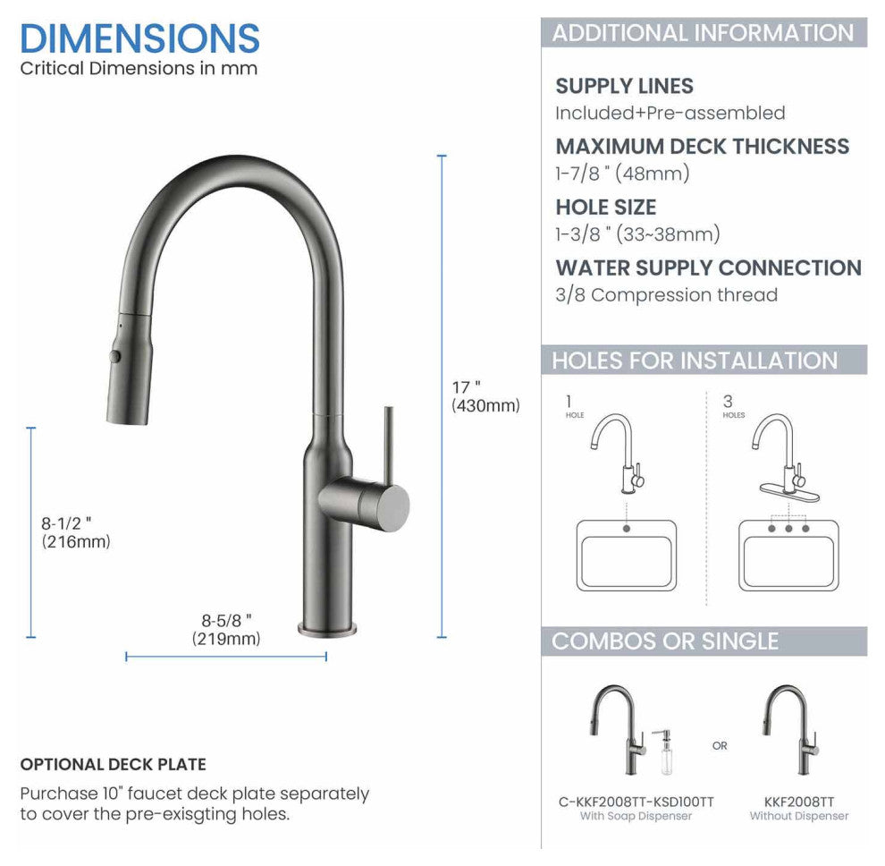 KIBI Hilo Single Handle Pull Down Kitchen Faucet, Titanium, W/ Soap Dispenser