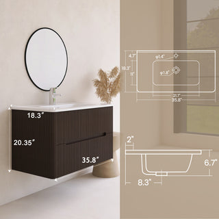 36 inch MDF Wall-Mounted Bathroom Vanity Set with Ceramic Integrated Sink, Dark Brown