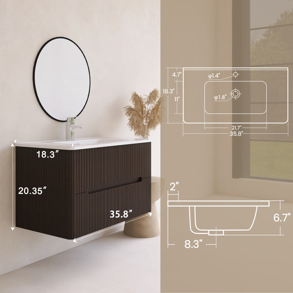 36 inch MDF Wall-Mounted Bathroom Vanity Set with Ceramic Integrated Sink, Dark Brown