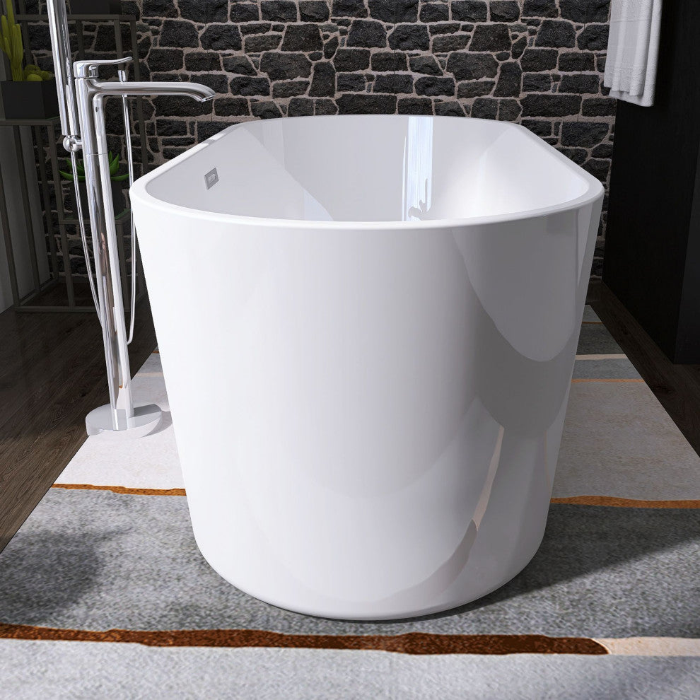 Oval Freestanding Acrylic Soaking Bathtub, Glossy White, 62"x30"
