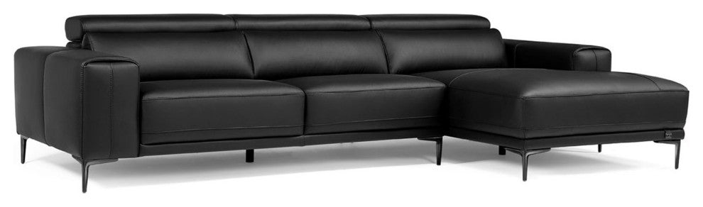 Rousso Black Leather Sectional With Ratcheting Headrests, Right Chaise
