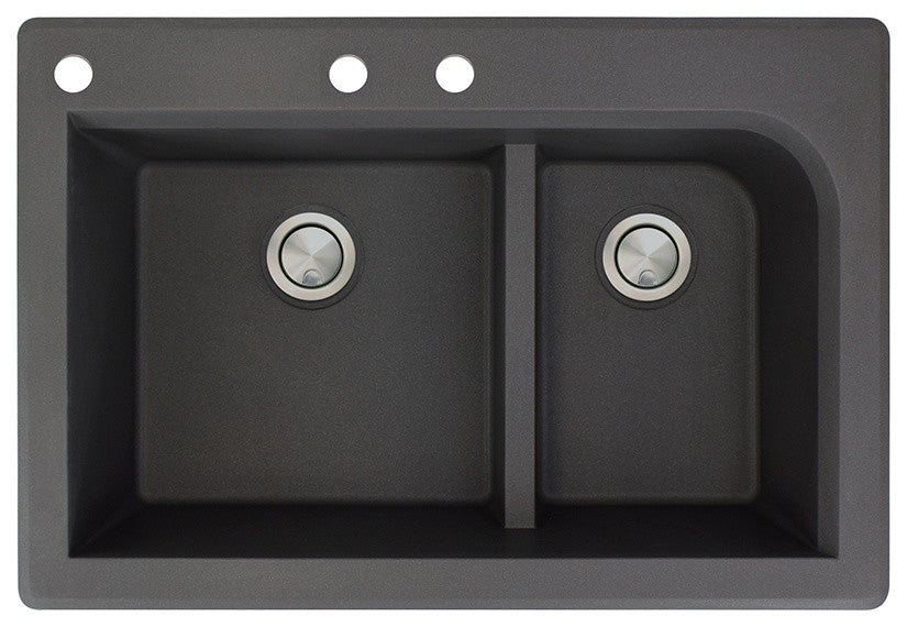 Radius 33" silQ Granite Drop-in Double Bowl Kitchen Sink with 3 Holes in Black