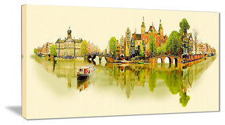 "Amsterdam Panoramic View" Cityscape Watercolor Canvas Print, 32"x16"