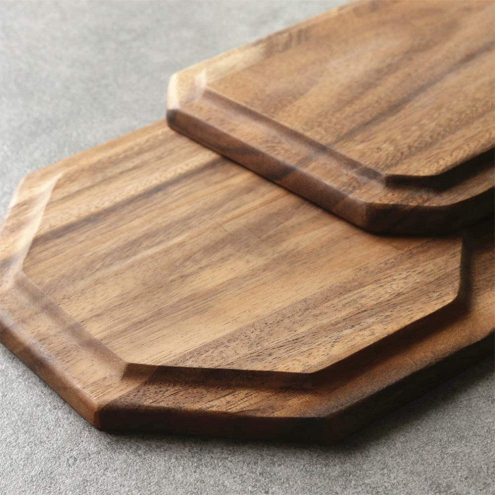 Set of 2 Acacia Wooden Octagon Square Trays Serving Bread Plates for Fruit Salad