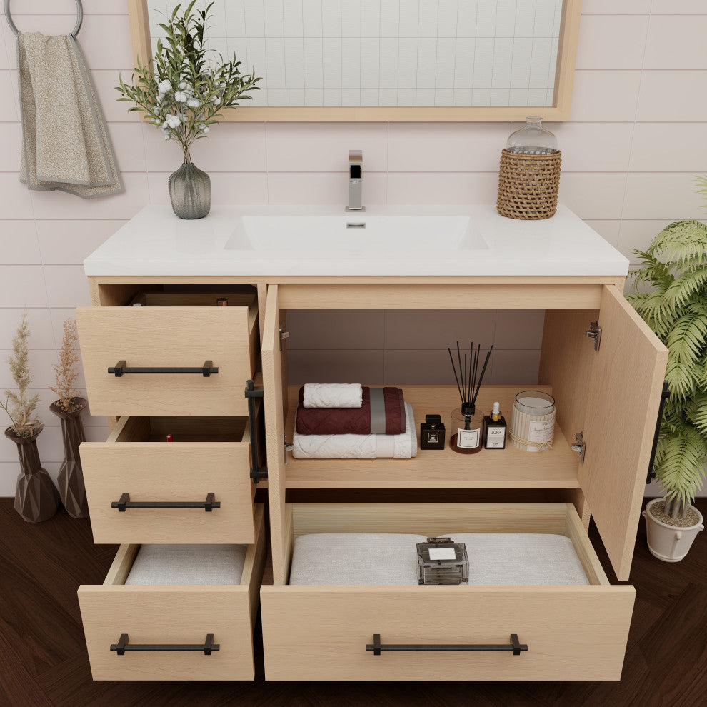 Victoria 42" Solid Wood Bath Vanity Left Side Drawers, Yellow Oak