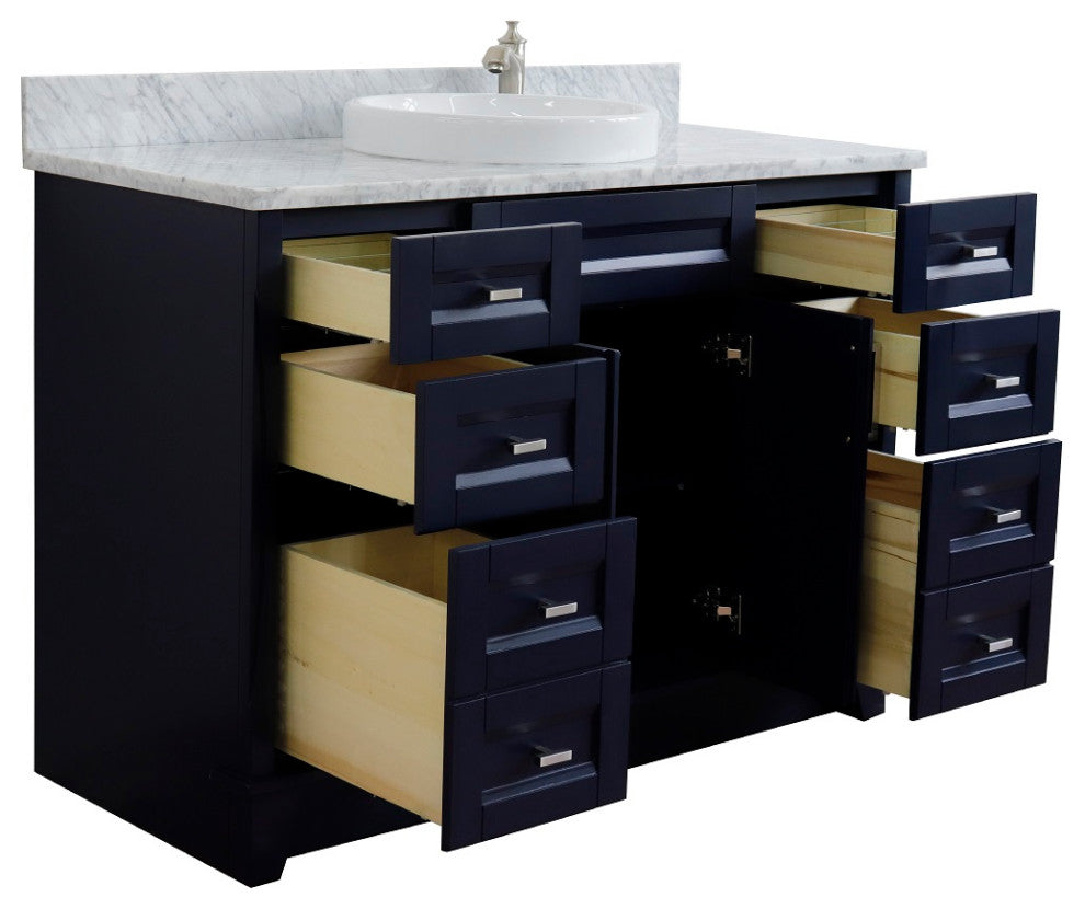 49" Single Sink Vanity, Blue Finish With White Carrara Marble And Round Sink