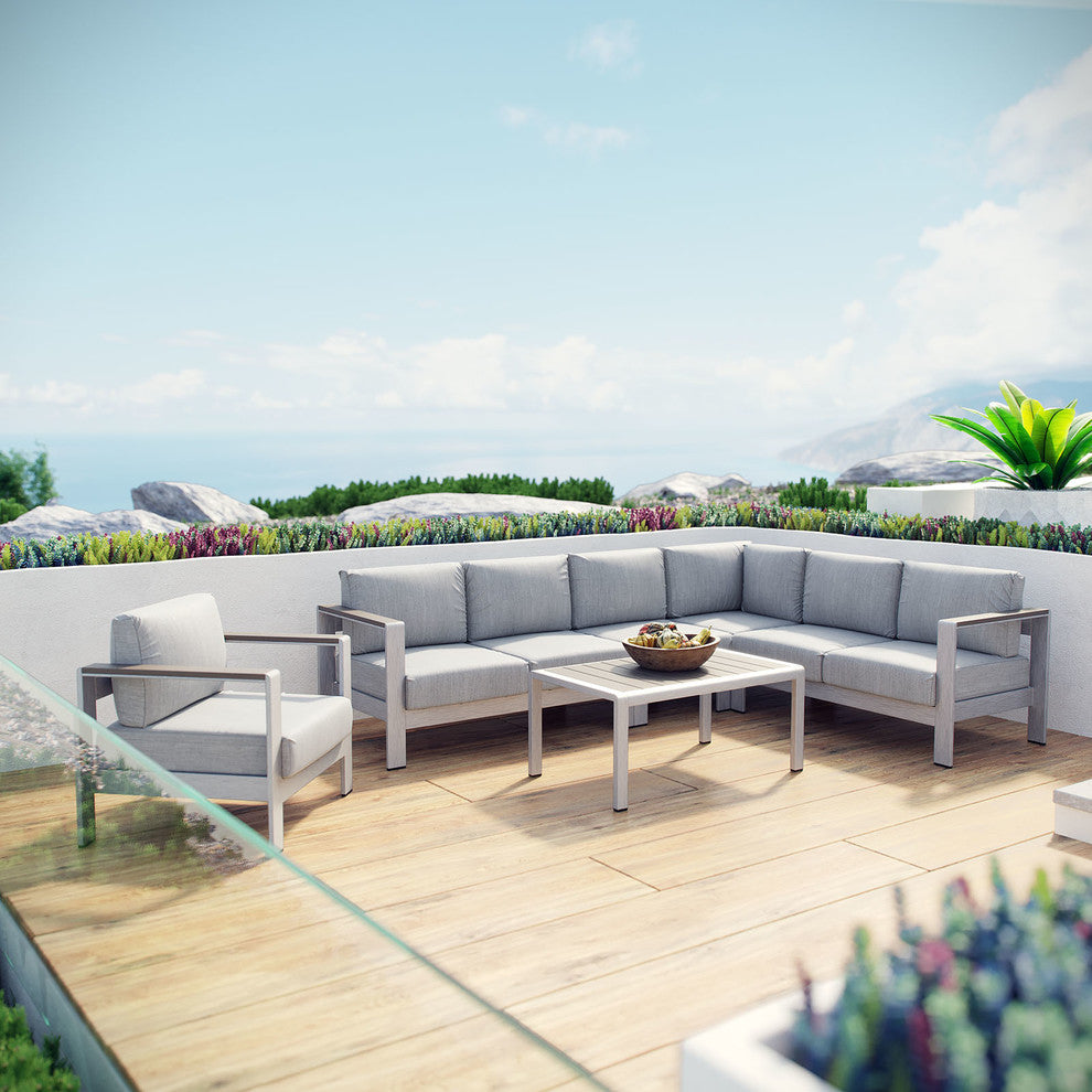 Shore 6 Piece Outdoor Patio Aluminum Sectional Sofa Set EEI-2558-SLV-GRY