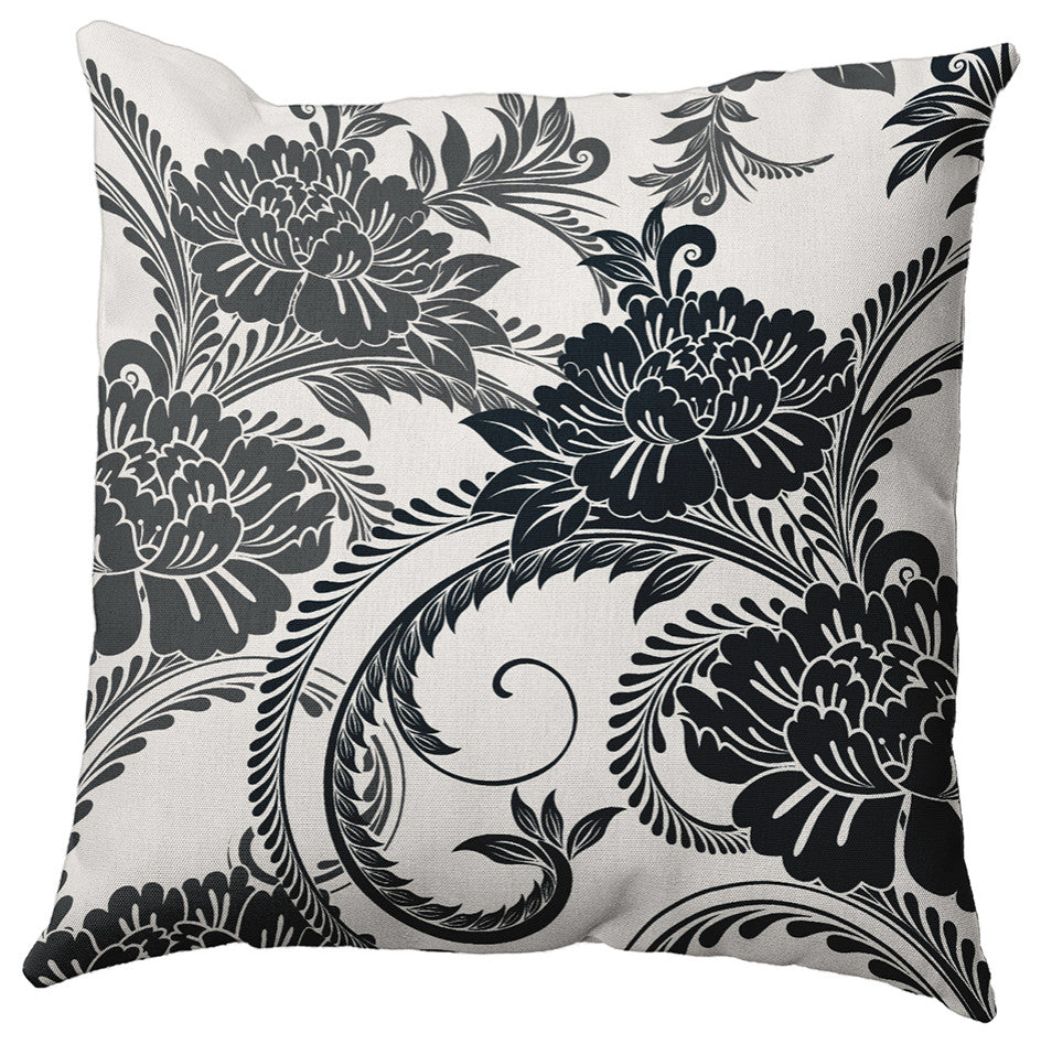 Flower Flourish Polyester Indoor Pillow, Black, 20"x20"