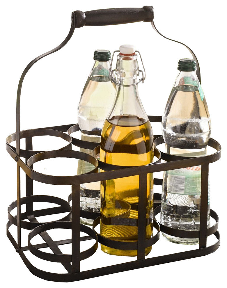 6-Bottle Metal Rack Basket Caddy Holder With Wood Handle